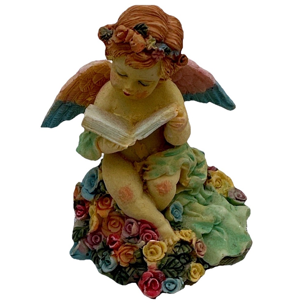 Cherub‎ Angel Reading Book Statue Figurine Sitting on Roses Home Decor